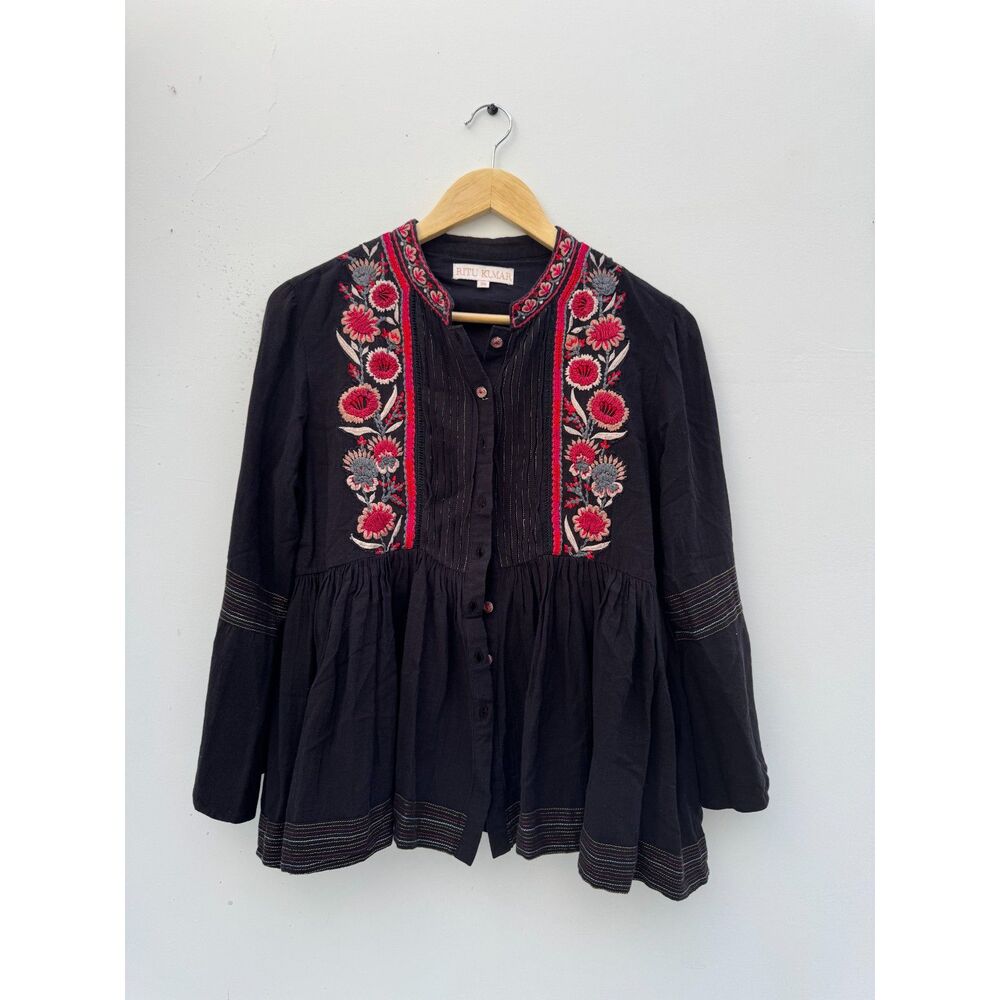 Ritu Kumar Uzbeki Pop Embroidered Peplum Blouse Black Red Gold Boho 38 / M